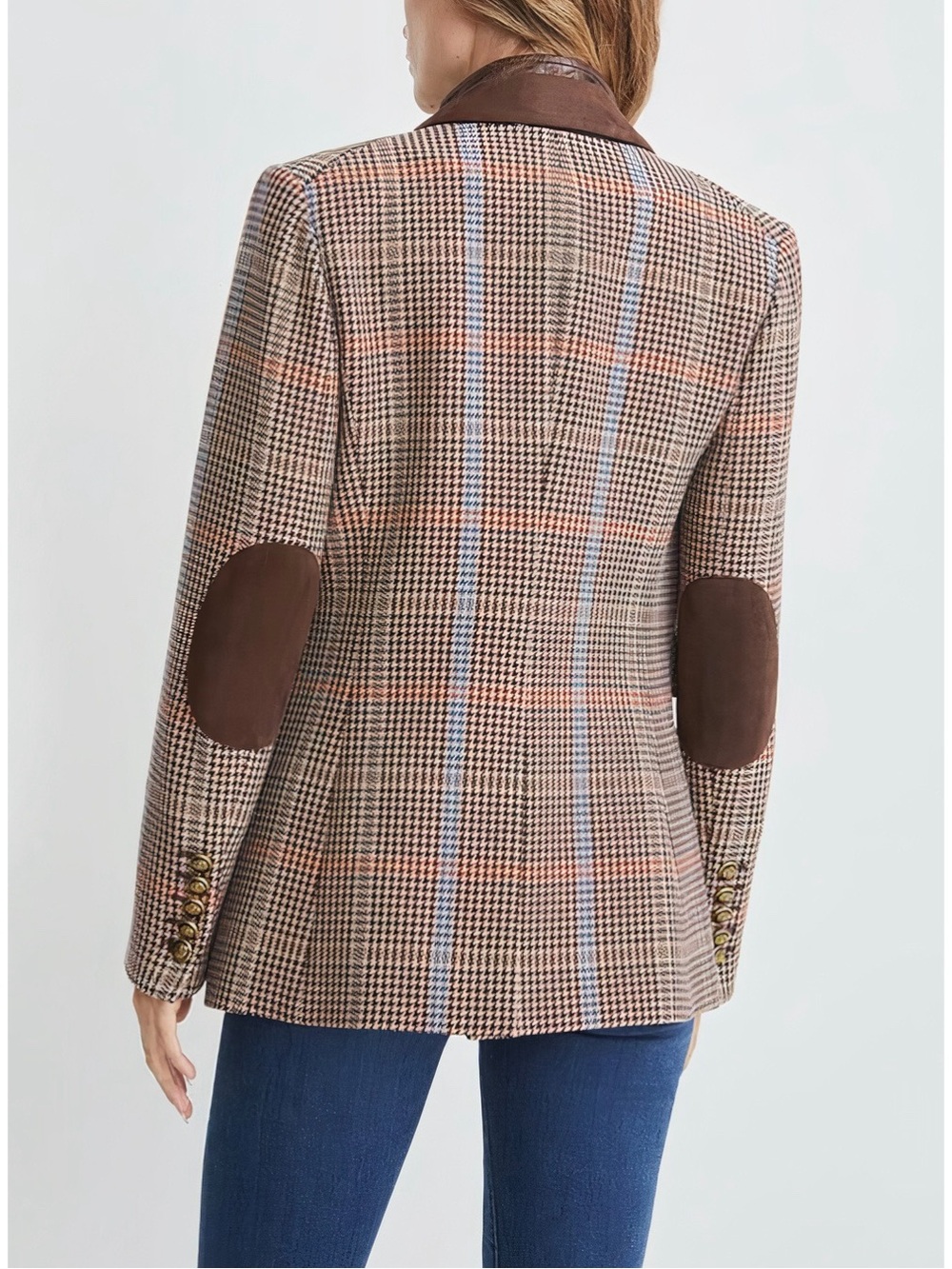 Veronica Beard Dickey Houndstooth Plaid Destry Suede-Patch Blazer Jacket - Picture 4 of 6